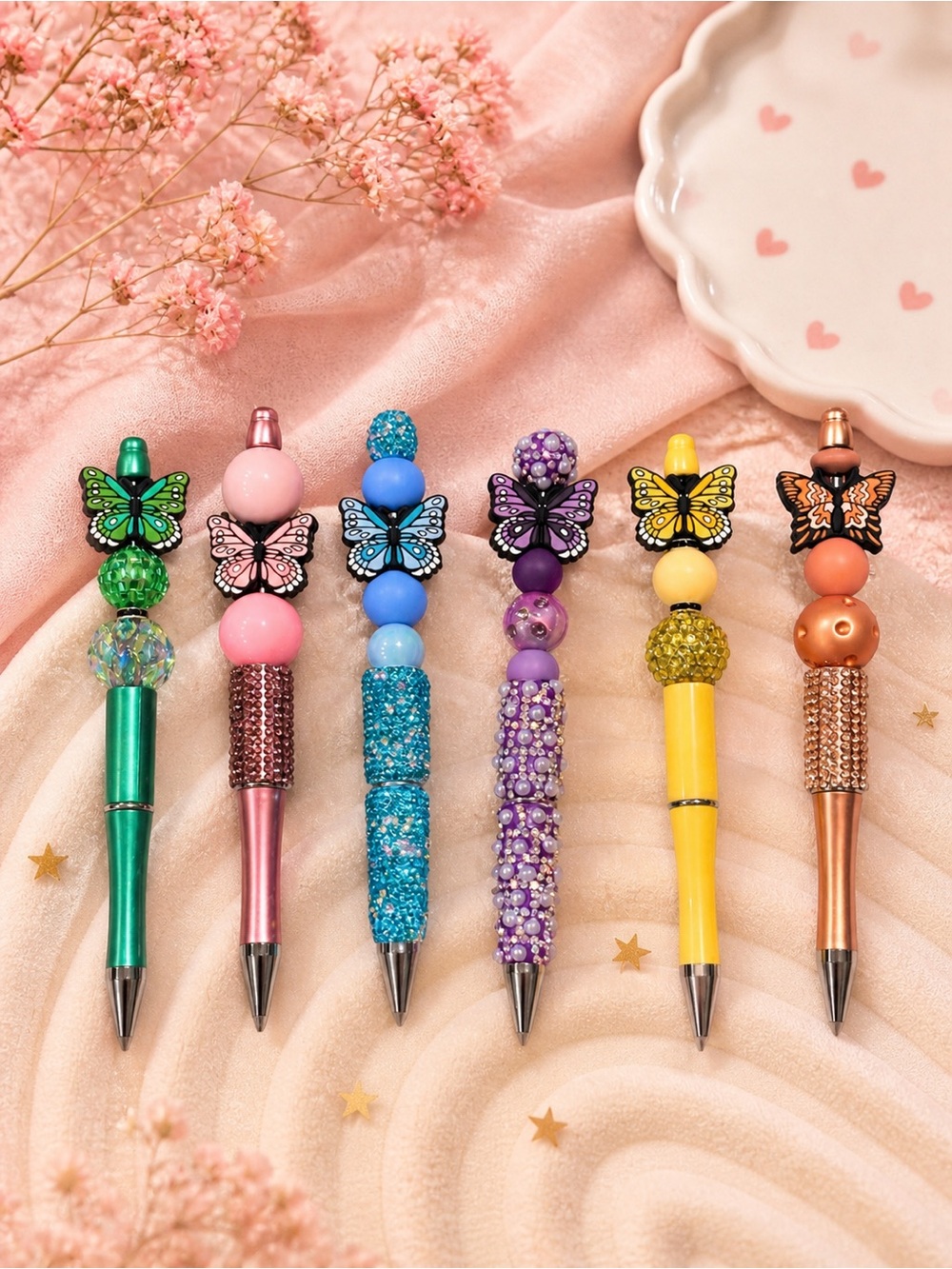 Set of 6 Butterfly Bead Pens Pink, Blue, Purple, Yellow, Green, Brown